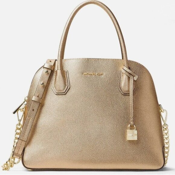 Michael Kors Mercer Metallic Gold Leather Dome Satchel Shoulder Crossbody Bag - Picture 1 of 17